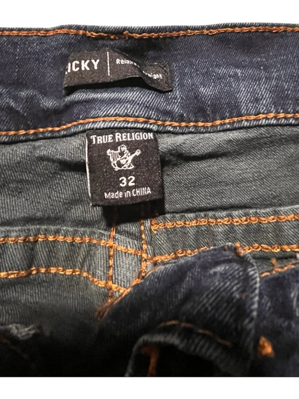 True Religion men’s Straight Leg Jeans in Dark Blue with Faded Detail